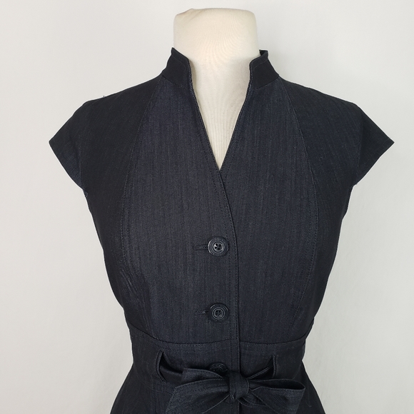Calvin Klein Cap Sleeve Button Front Belted Dark Wash Denim Dress 10 Petite - Picture 6 of 12